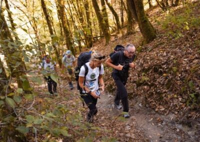 Teilnehmende einer Wander-Challenge laufen durch den Wald