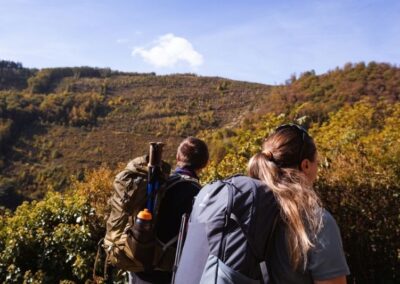 Teilnehmer einer Wanderung laufen durch Naturlandschaft. Im Vordergrund ist eine Frau mit Rucksack